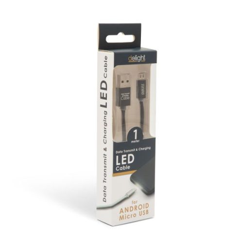 Adatkábel led fénnyel, Micro USB, 1m, fekete